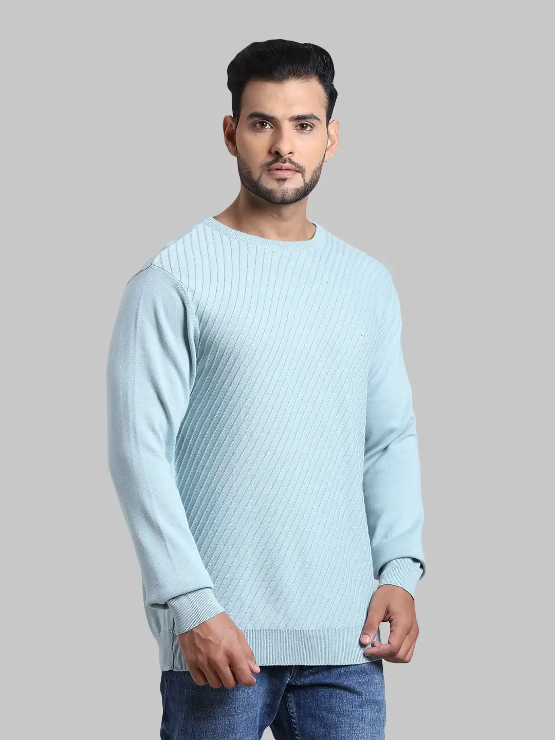 Men Blue Tailored Fit Structure Cotton Full Sleeve Round Collar Sweaters - Image 2