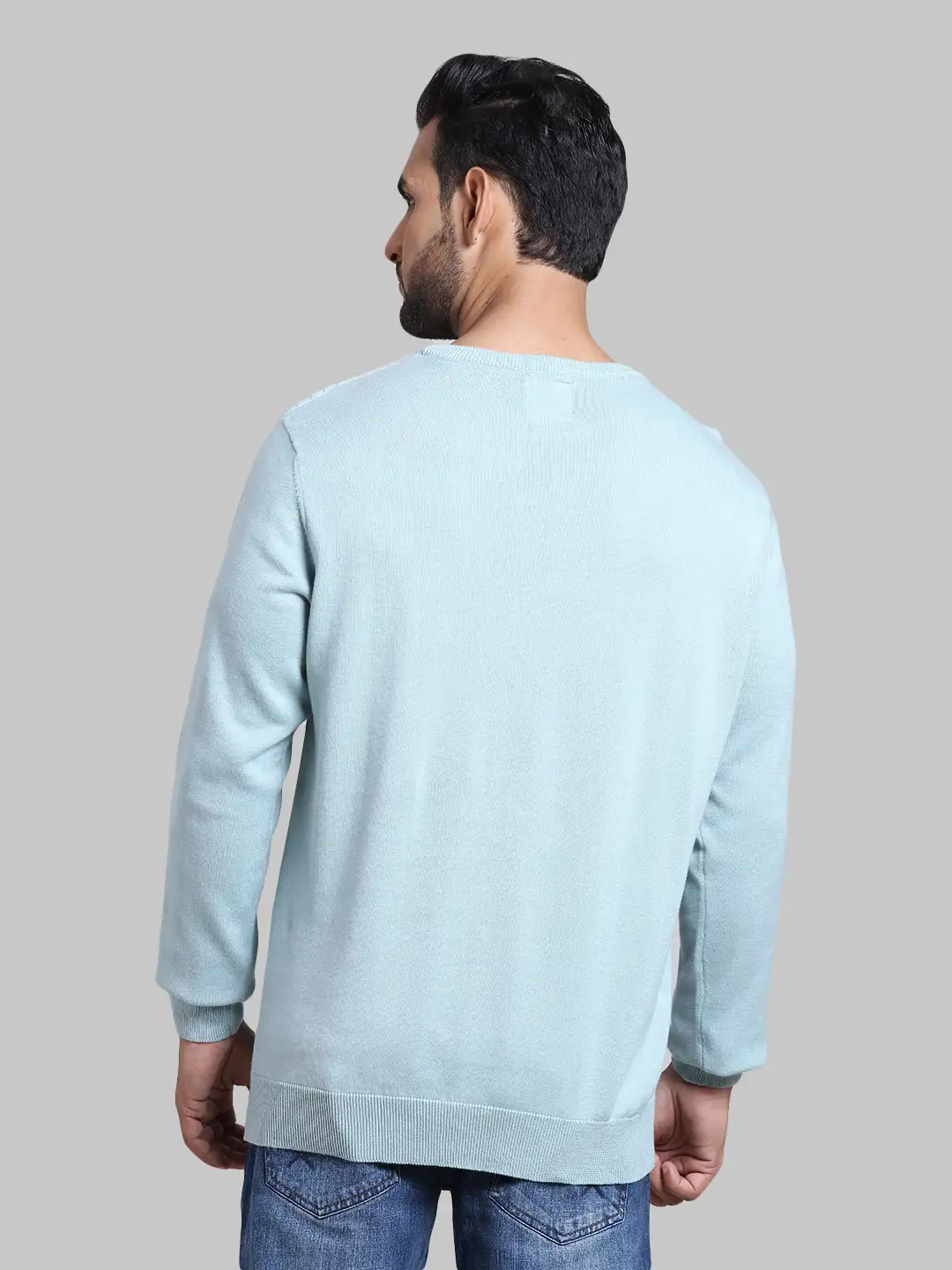Men Blue Tailored Fit Structure Cotton Full Sleeve Round Collar Sweaters - Image 4