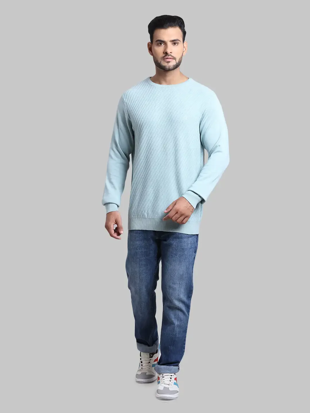 Men Blue Tailored Fit Structure Cotton Full Sleeve Round Collar Sweaters - Image 5