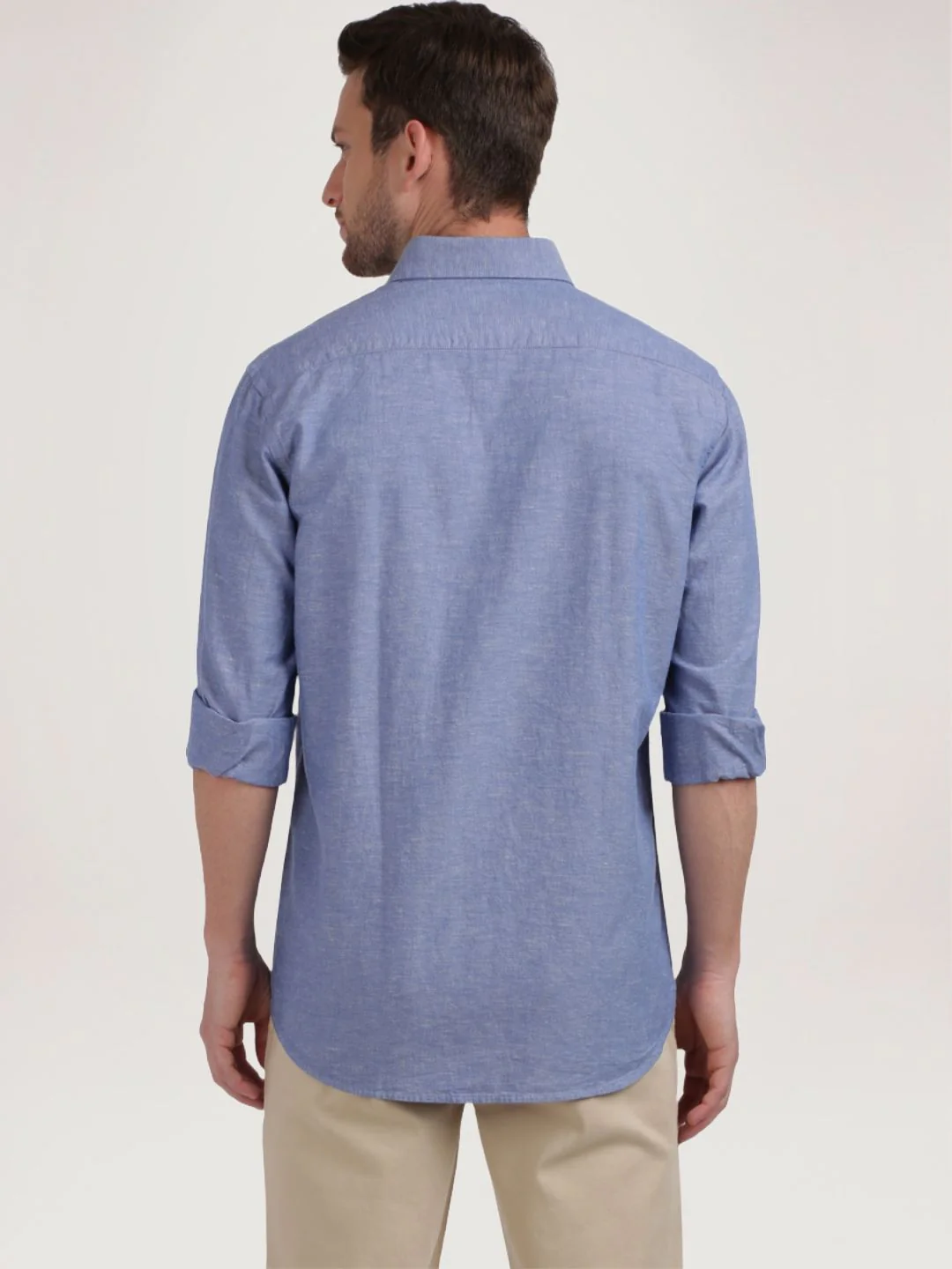 Men Blue Tailored Fit Warp Chambray Cotton Blend Full Sleeve Shirts - Image 3