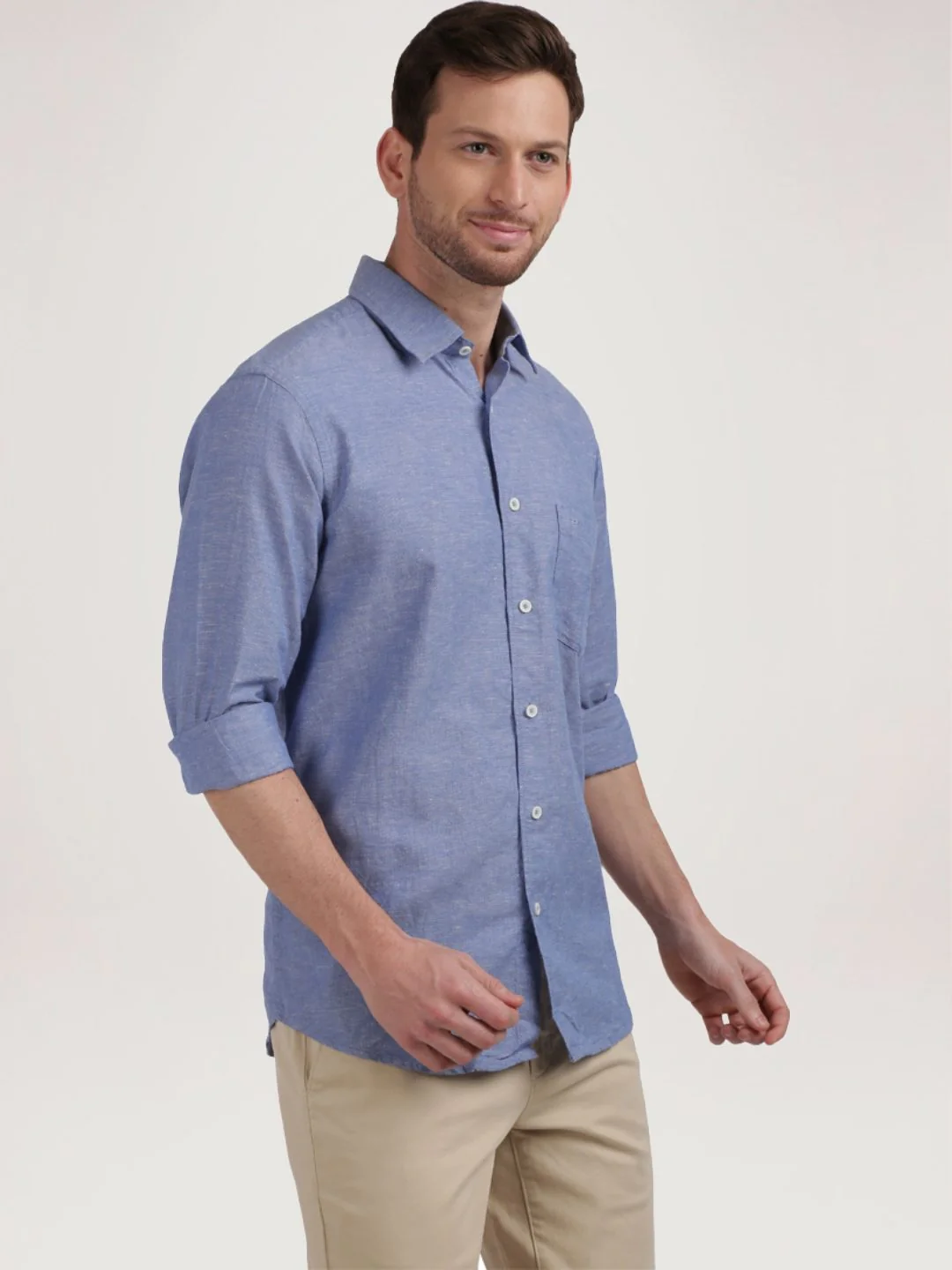 Men Blue Tailored Fit Warp Chambray Cotton Blend Full Sleeve Shirts - Image 4