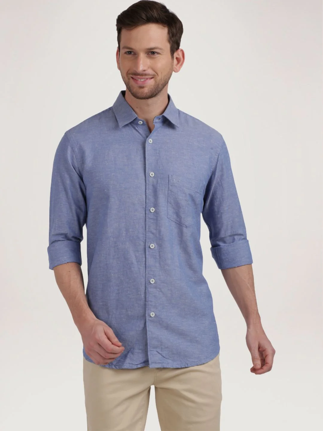 Men Blue Tailored Fit Warp Chambray Cotton Blend Full Sleeve Shirts - Image 5
