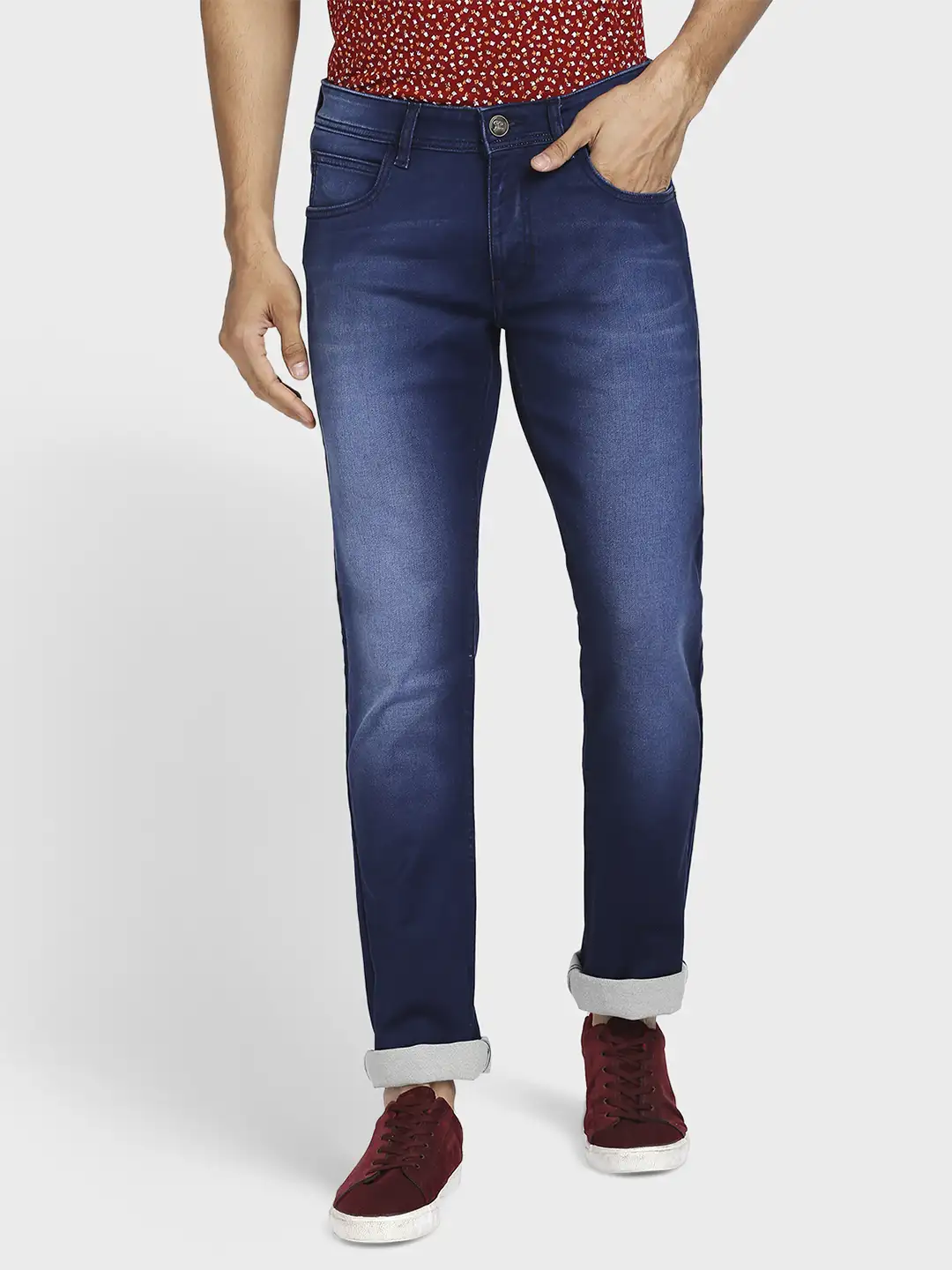 Men Blue Tapered Fit Solid Cotton Blend Jeans