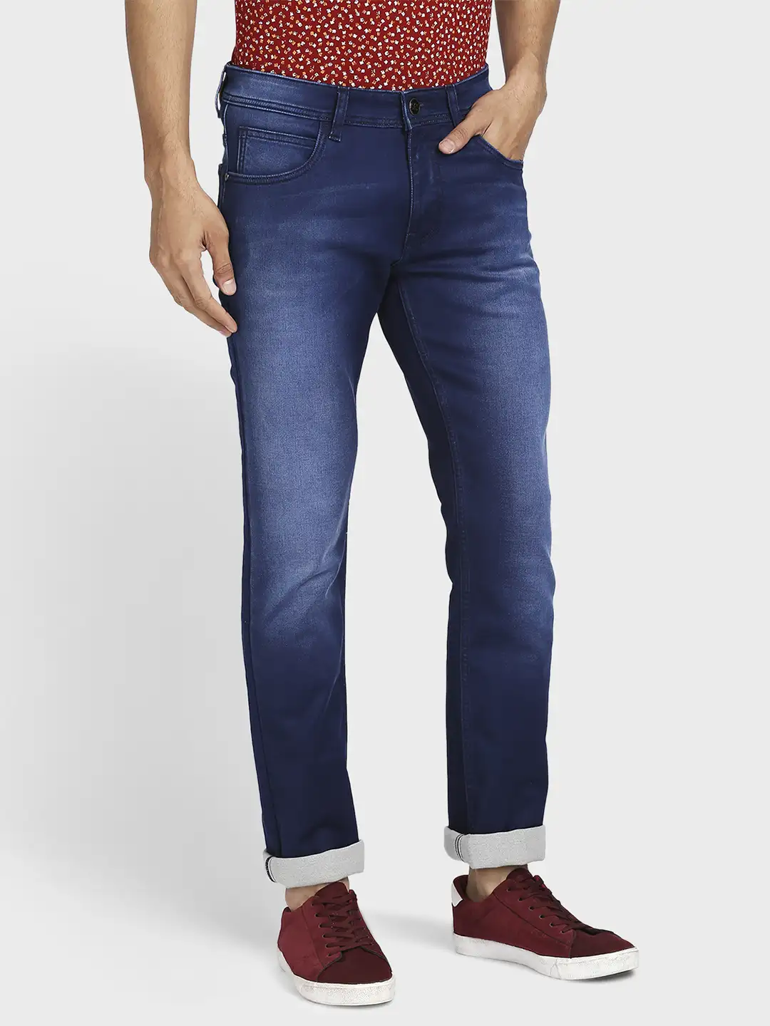 Men Blue Tapered Fit Solid Cotton Blend Jeans - Image 2