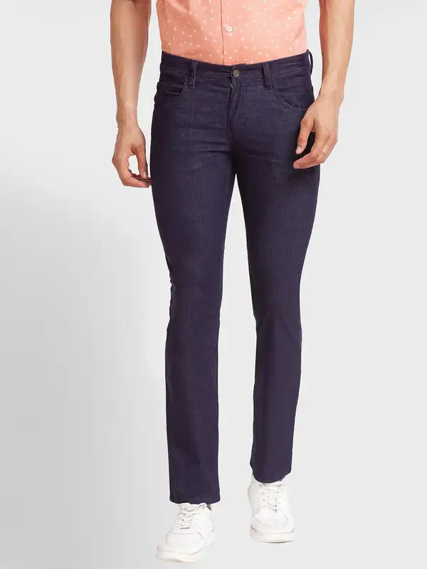 Men Blue Tapered Fit Solid Cotton Blend Trouser