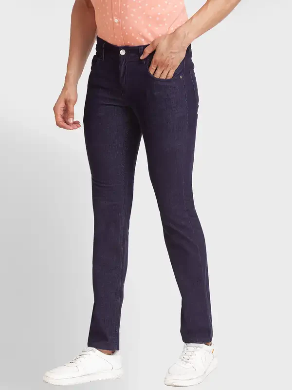Men Blue Tapered Fit Solid Cotton Blend Trouser - Image 3