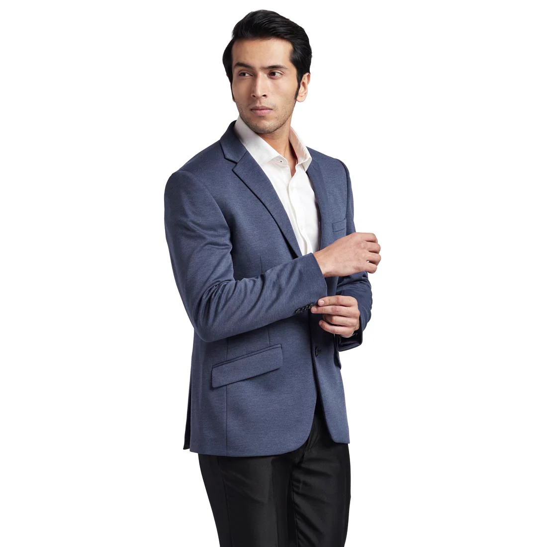 Men Blue Urban Fit Knitted Terry Rayon Blend Jackets - Image 2