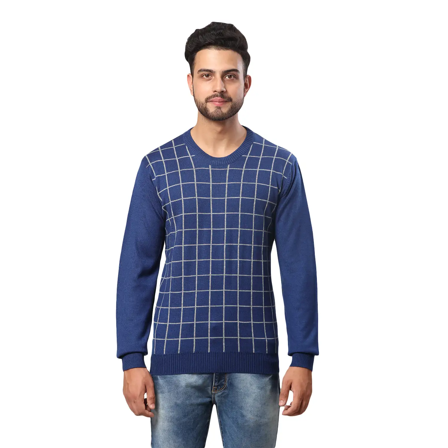 Men Blue Wrapper Acrylic Wool Blend Round Collar Sweaters