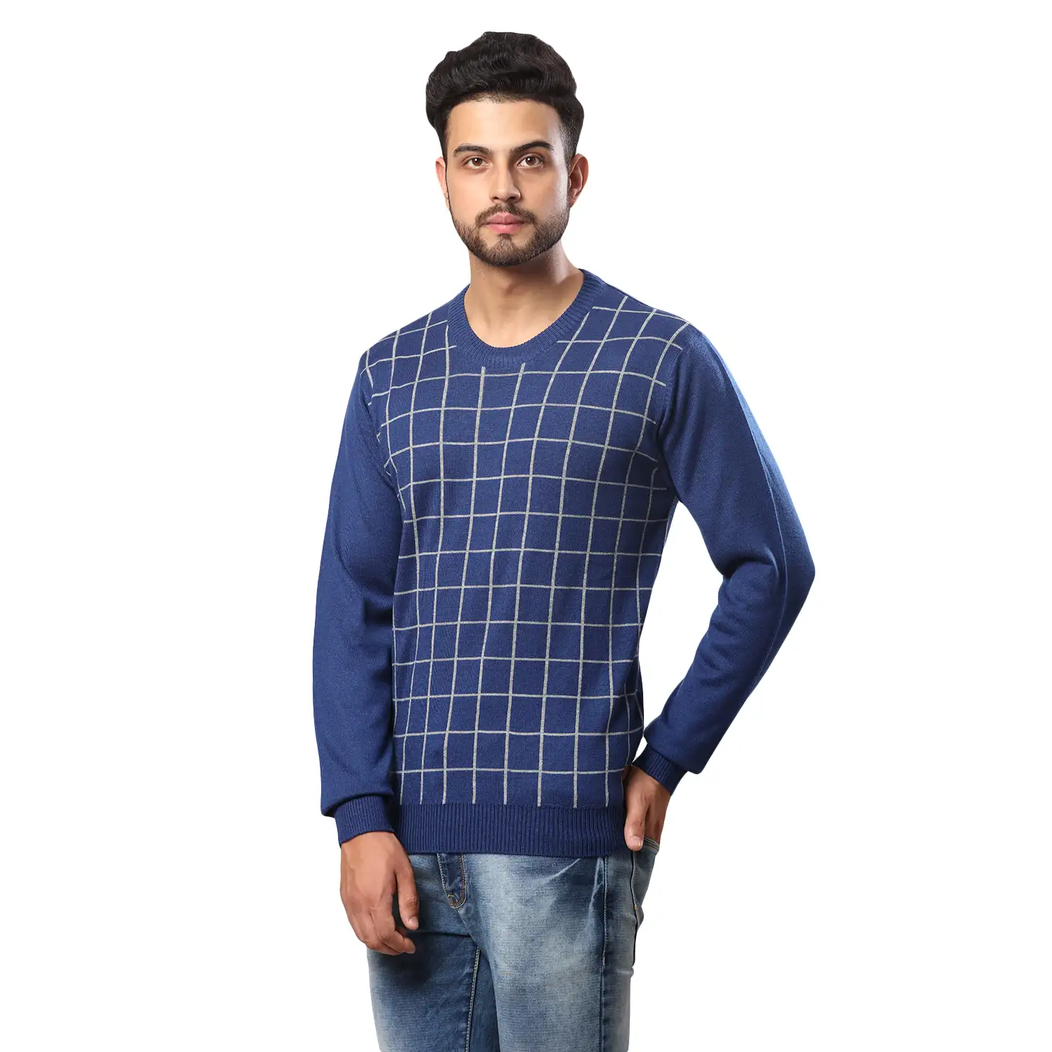 Men Blue Wrapper Acrylic Wool Blend Round Collar Sweaters - Image 3