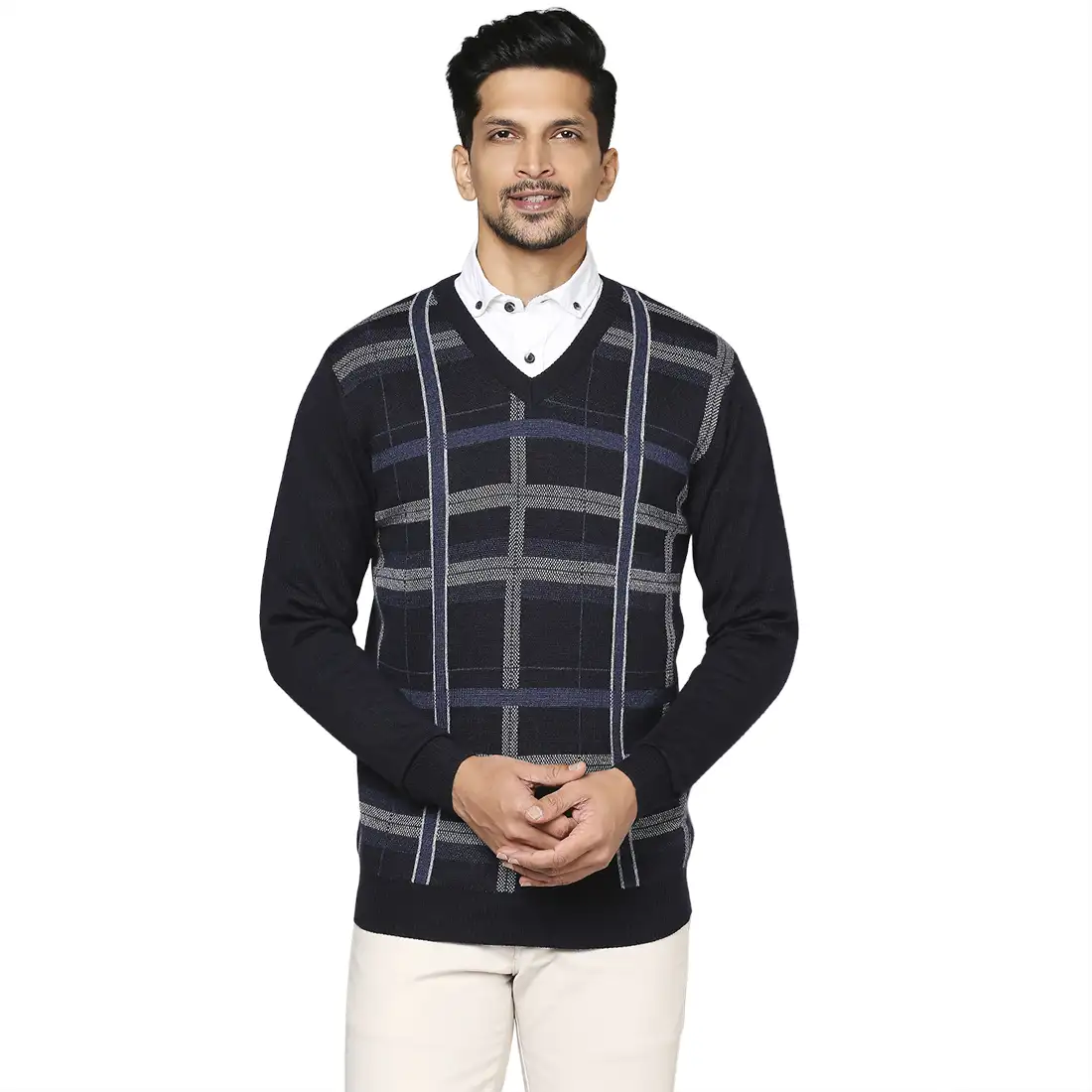 Men Blue Wrapper Wool Blend Full Sleeve V Neck Collar Sweaters