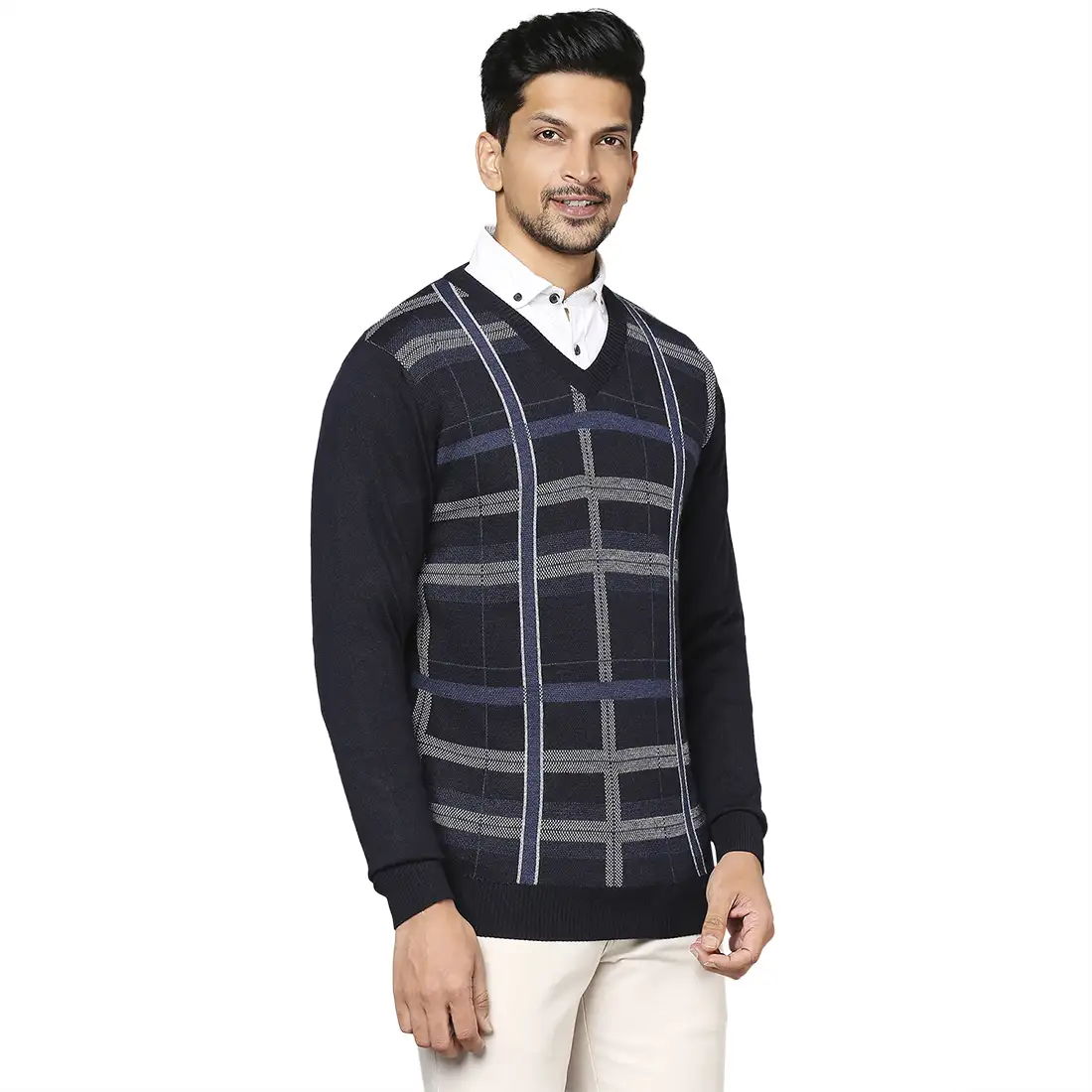 Men Blue Wrapper Wool Blend Full Sleeve V Neck Collar Sweaters - Image 2
