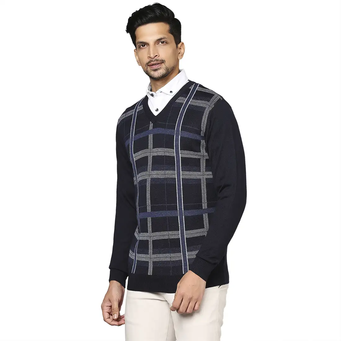 Men Blue Wrapper Wool Blend Full Sleeve V Neck Collar Sweaters - Image 3