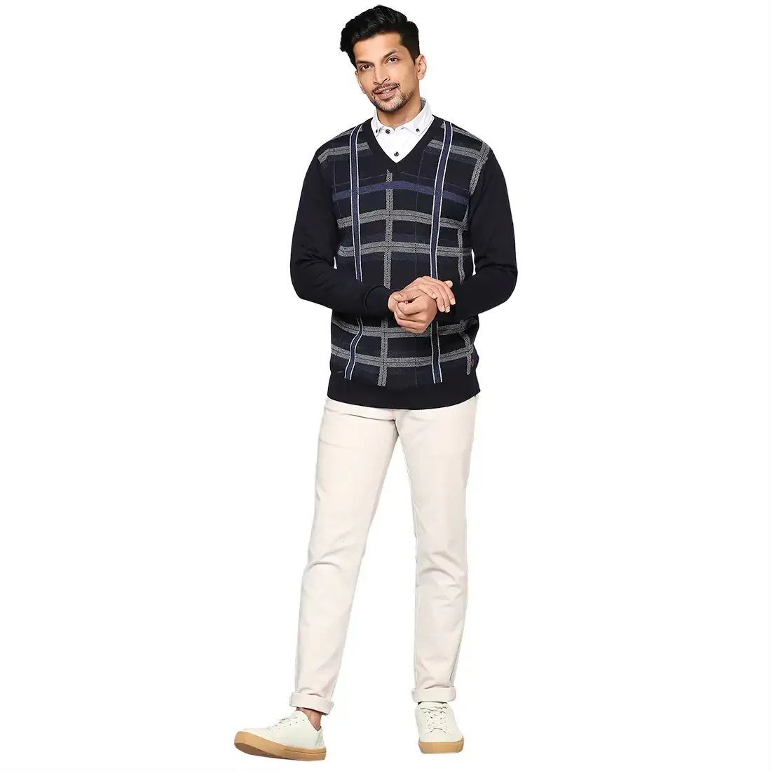 Men Blue Wrapper Wool Blend Full Sleeve V Neck Collar Sweaters - Image 5