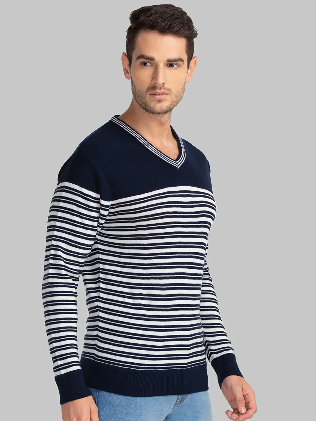 Men Blue Yarn Dyed Acrylic Full Sleeve Sweaters - Image 2
