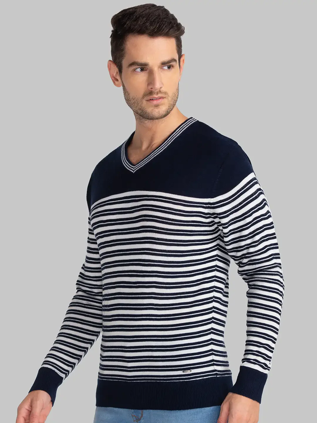 Men Blue Yarn Dyed Acrylic Full Sleeve Sweaters - Image 3