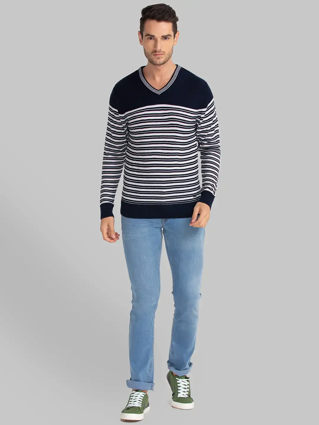 Men Blue Yarn Dyed Acrylic Full Sleeve Sweaters - Image 5
