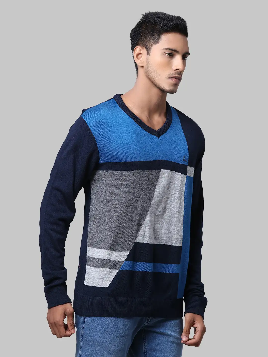 Men Blue Yarn Dyed Acrylic Full Sleeve Sweaters - Image 2
