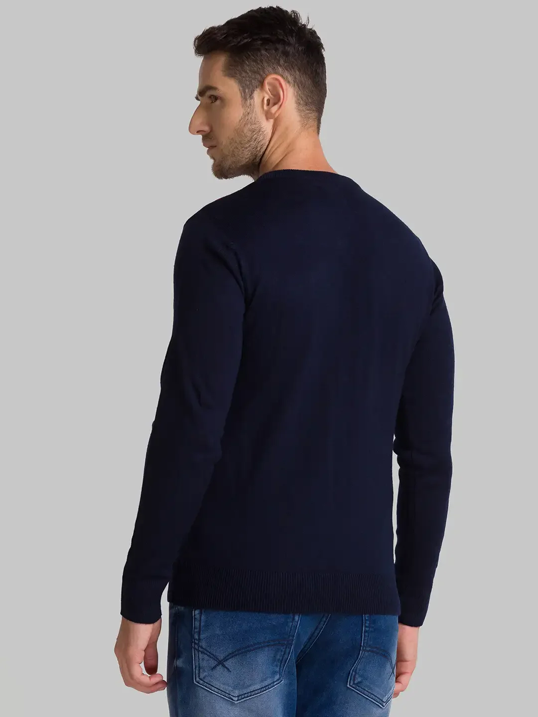 Men Blue Yarn Dyed Acrylic Full Sleeve Sweaters - Image 4