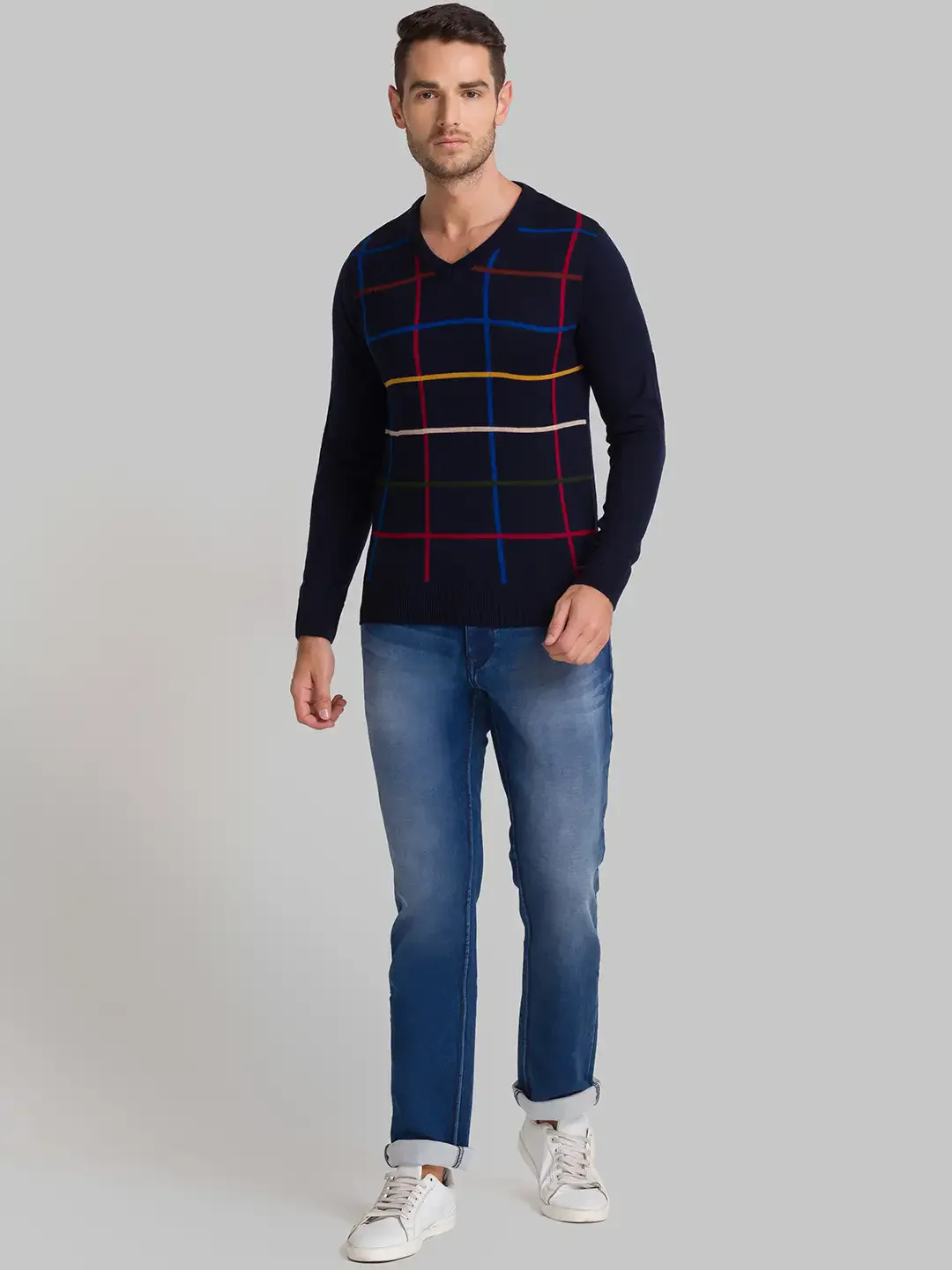 Men Blue Yarn Dyed Acrylic Full Sleeve Sweaters - Image 5