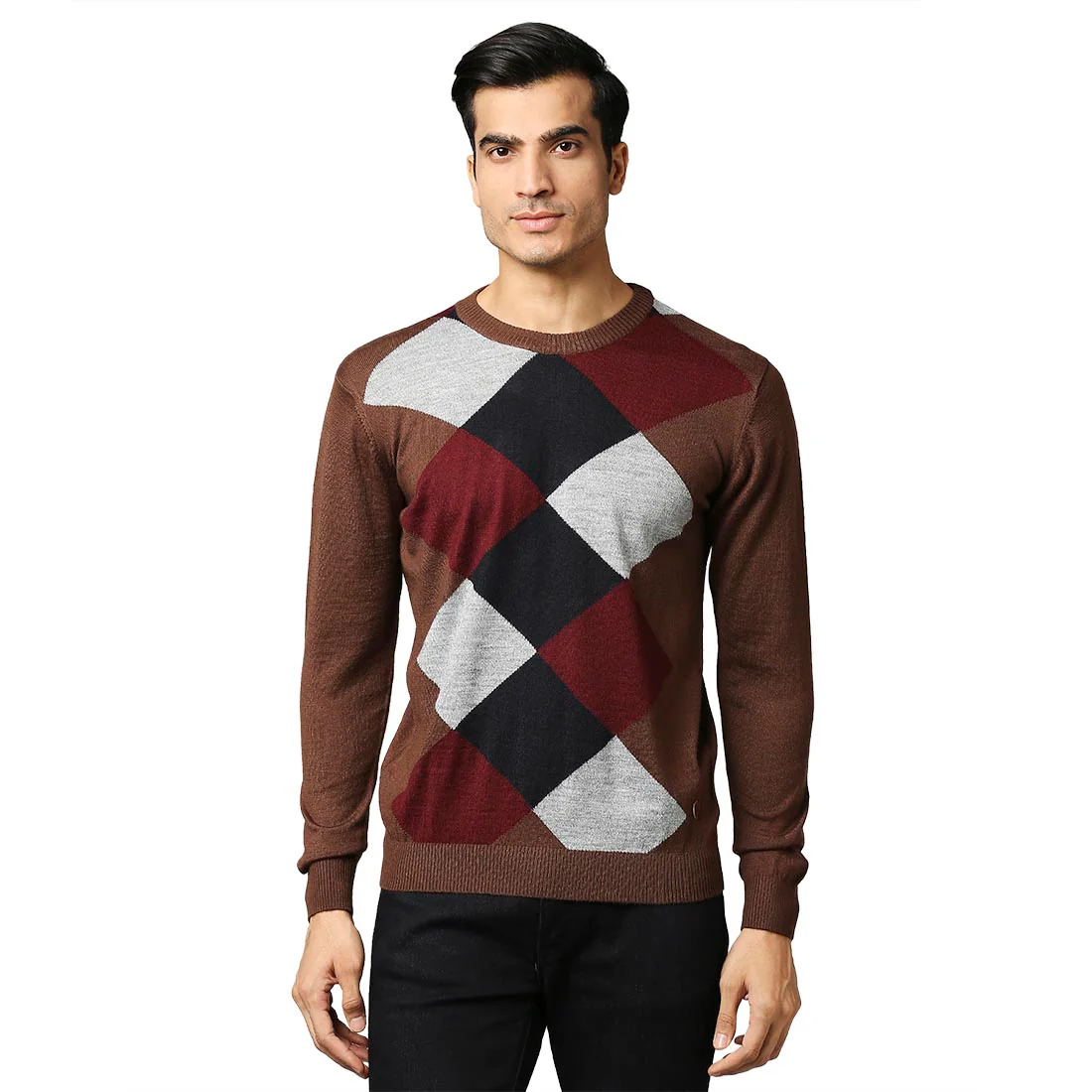 Men Brown Argyle Acrylic Wool Blend Round Collar Sweaters