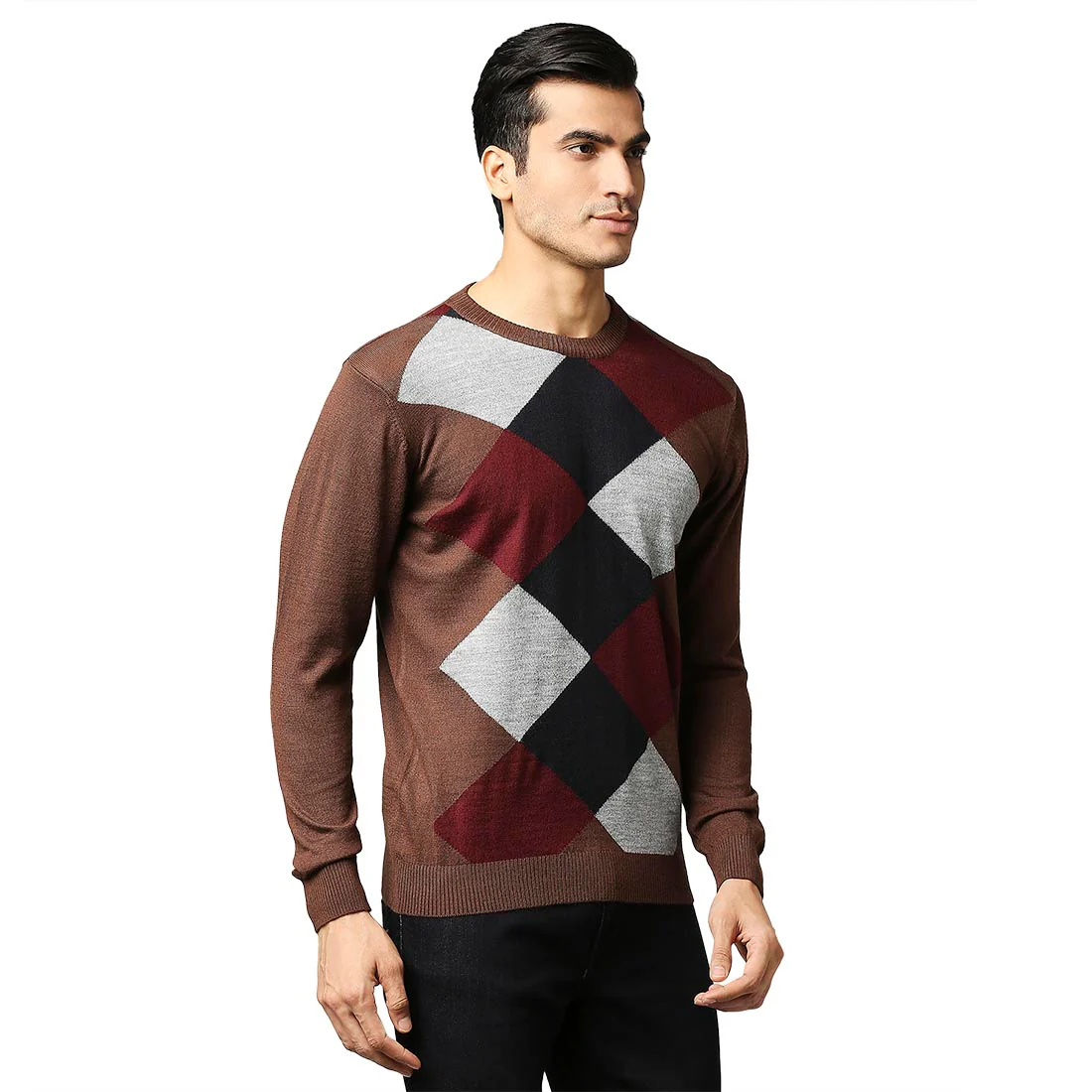 Men Brown Argyle Acrylic Wool Blend Round Collar Sweaters - Image 2
