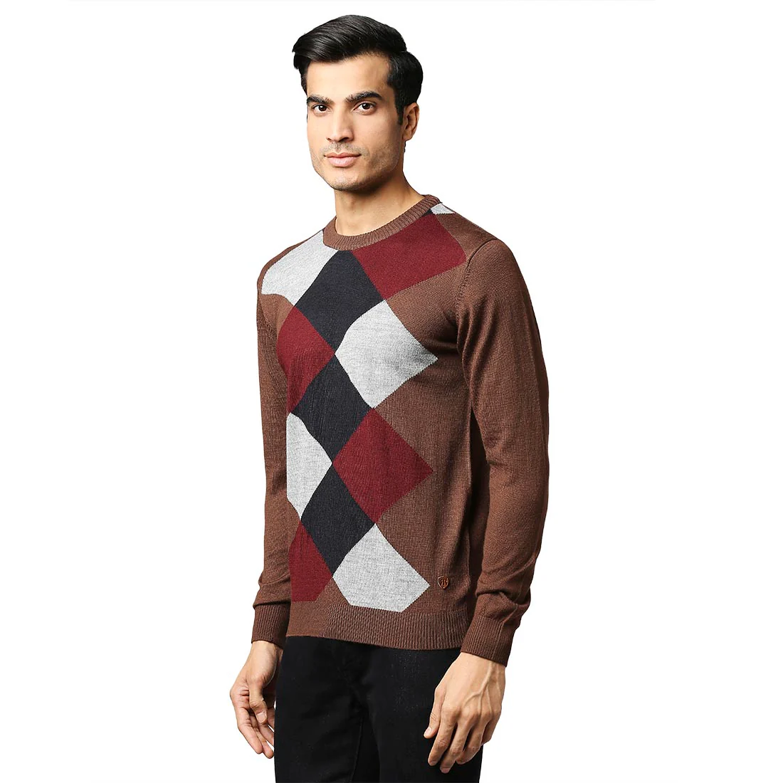 Men Brown Argyle Acrylic Wool Blend Round Collar Sweaters - Image 3
