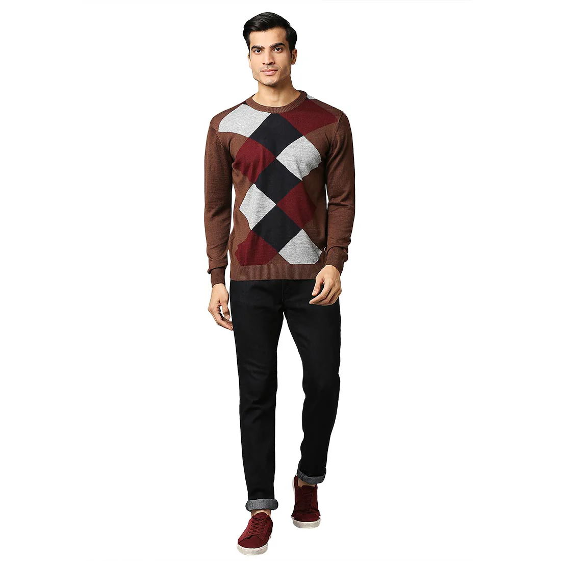 Men Brown Argyle Acrylic Wool Blend Round Collar Sweaters - Image 6