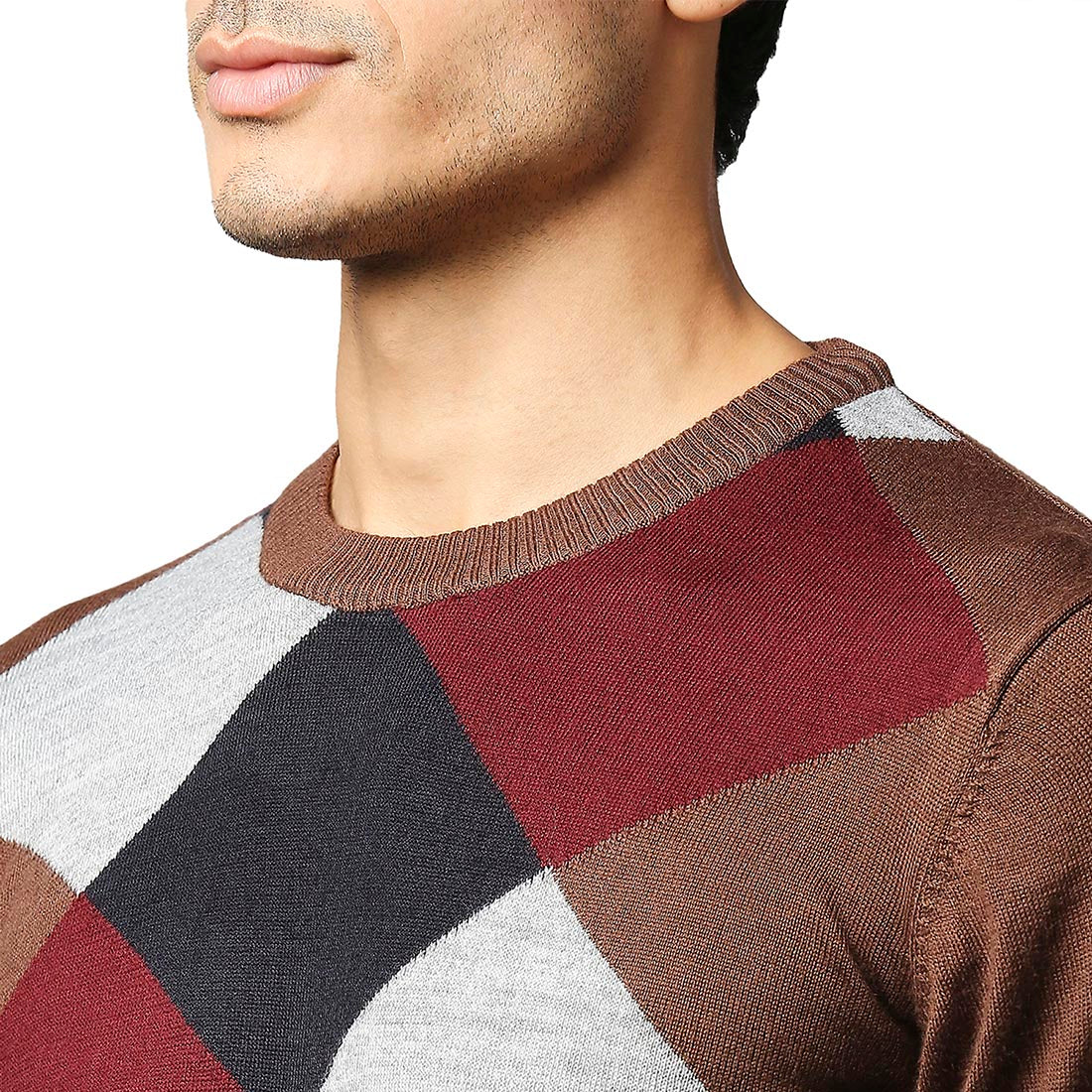 Men Brown Argyle Acrylic Wool Blend Round Collar Sweaters - Image 7