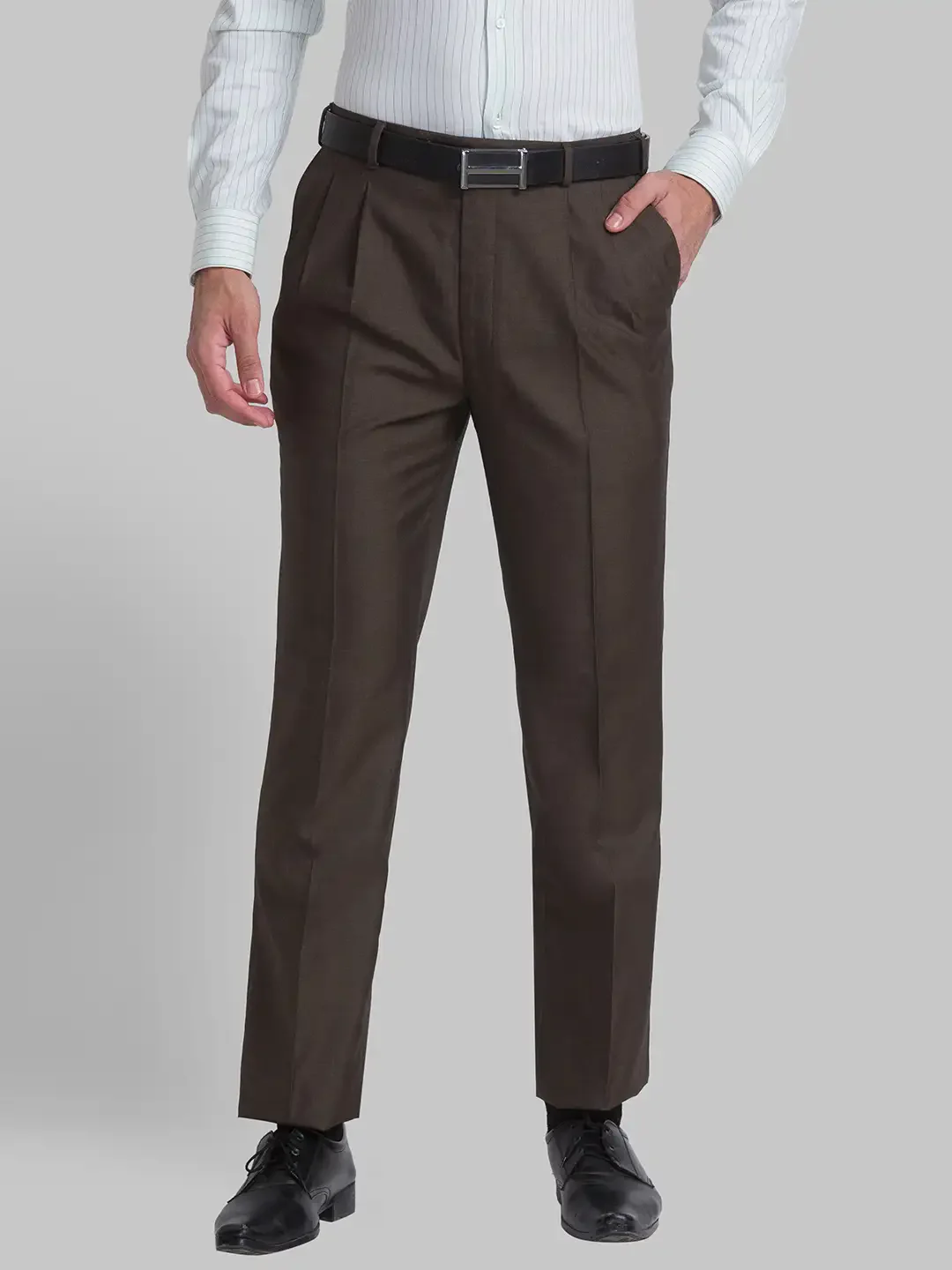 Men Brown Classic Fit Solid Polyester Blend Trouser