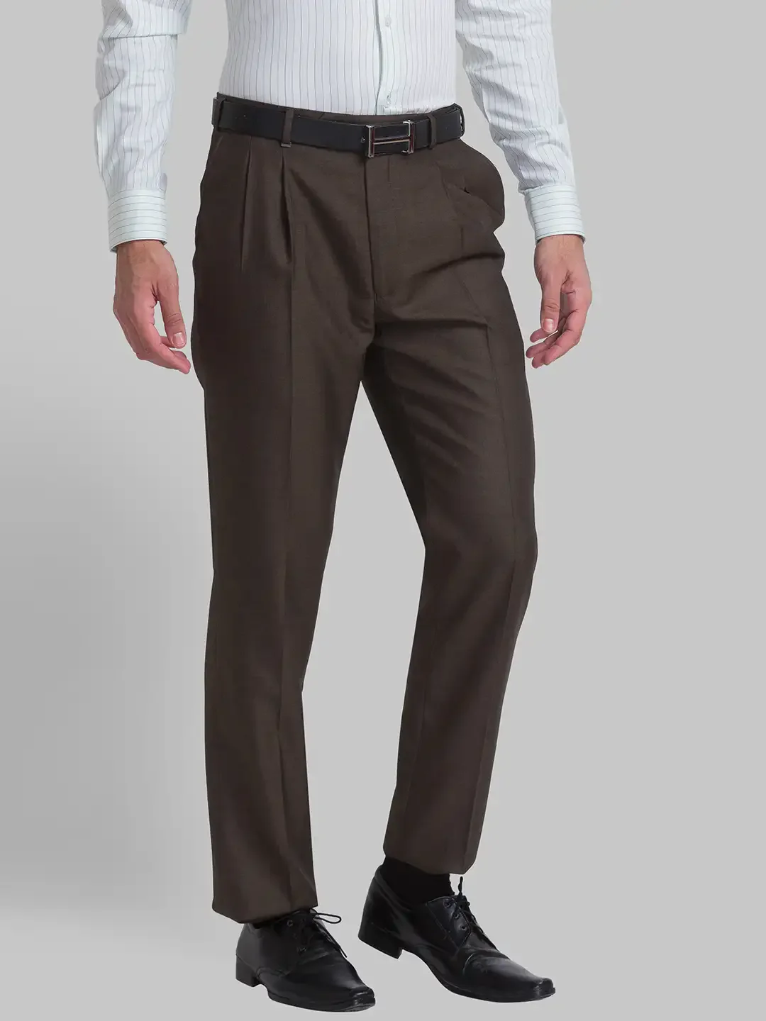 Men Brown Classic Fit Solid Polyester Blend Trouser - Image 2