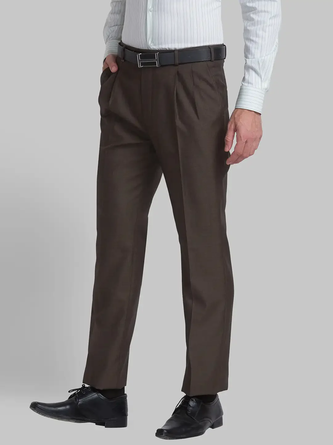 Men Brown Classic Fit Solid Polyester Blend Trouser - Image 3