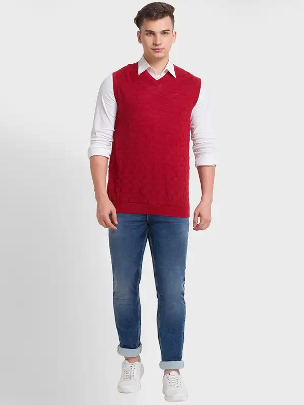 Men Brown Classic Fit Structure Acrylic Merino Blend Sleeveless V Neck Collar Sweaters - Image 5