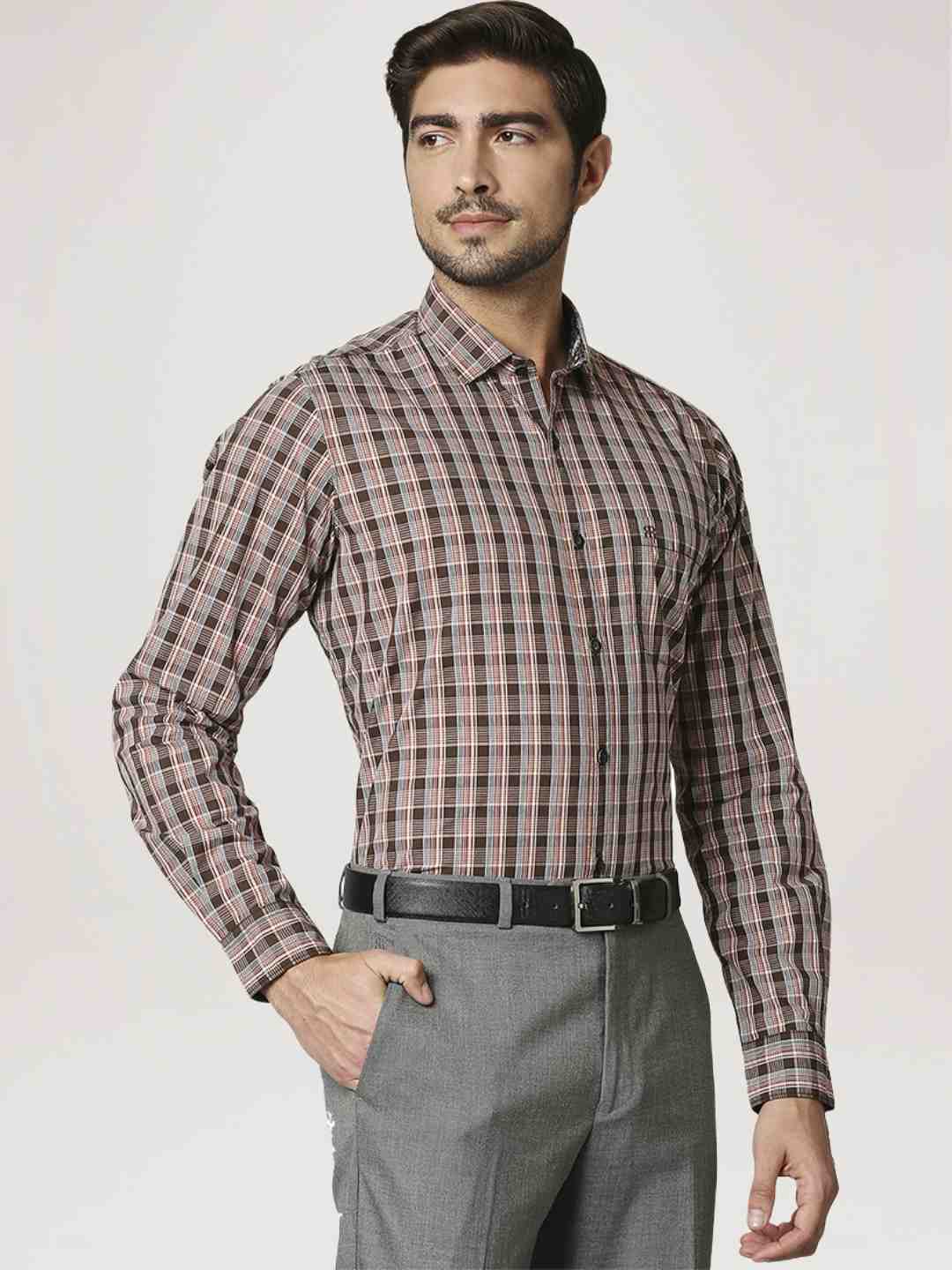 Men Brown Contemporary Fit Checks Cotton Shirts - Image 5