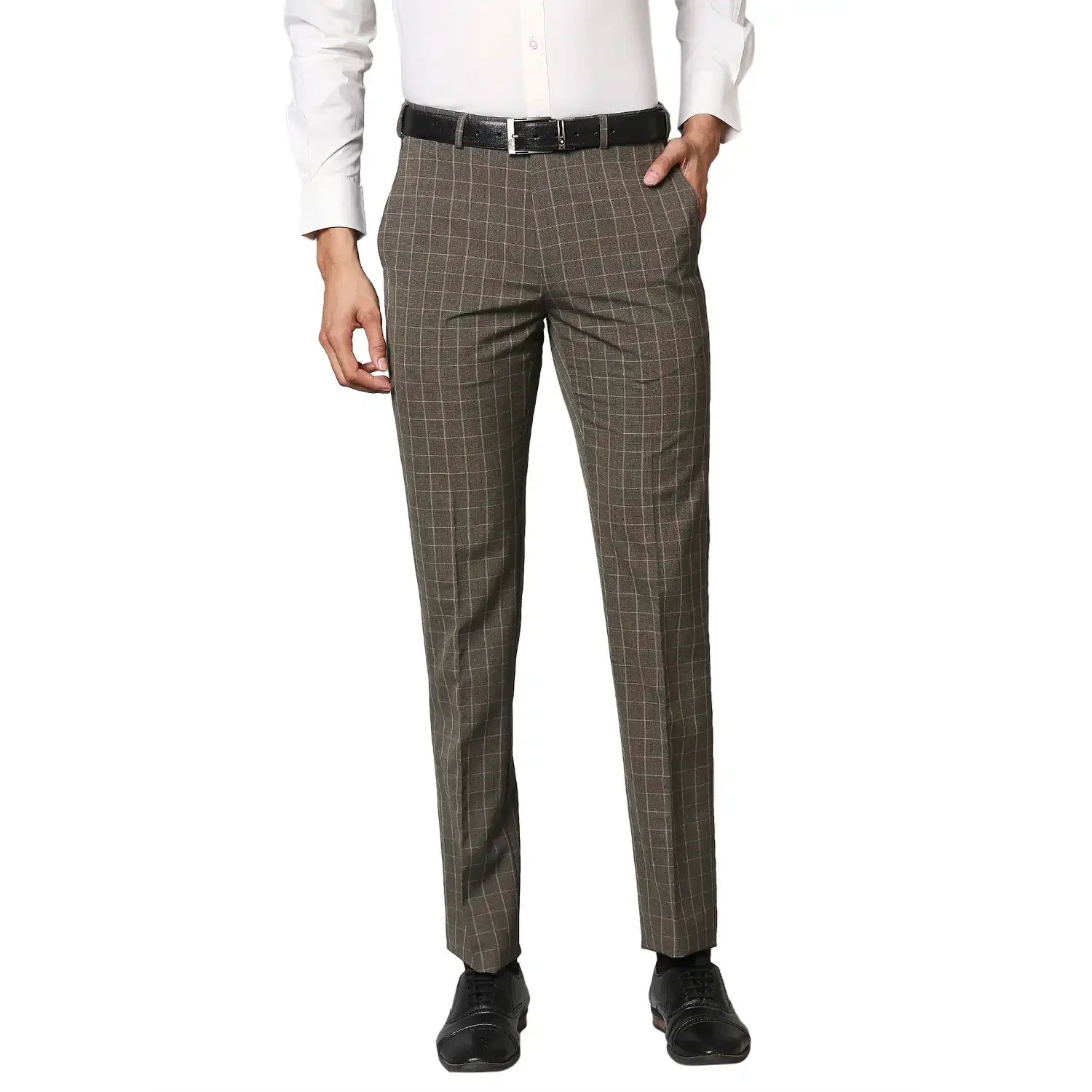 Men Brown Contemporary Fit Checks Polyester Blend Trouser