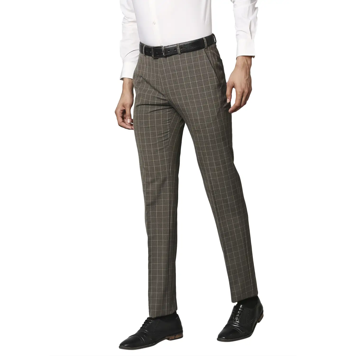 Men Brown Contemporary Fit Checks Polyester Blend Trouser - Image 3