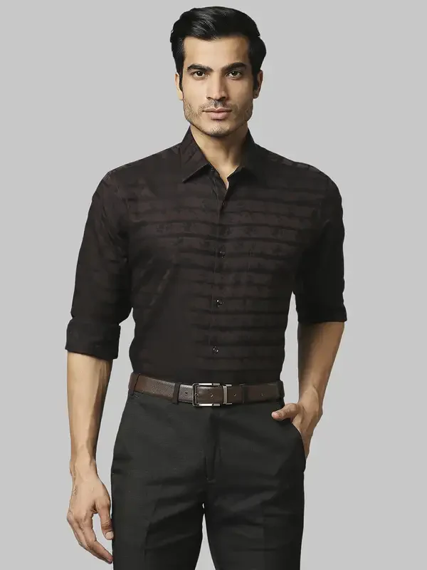 Men Brown Contemporary Fit Jacquard Cotton Shirts