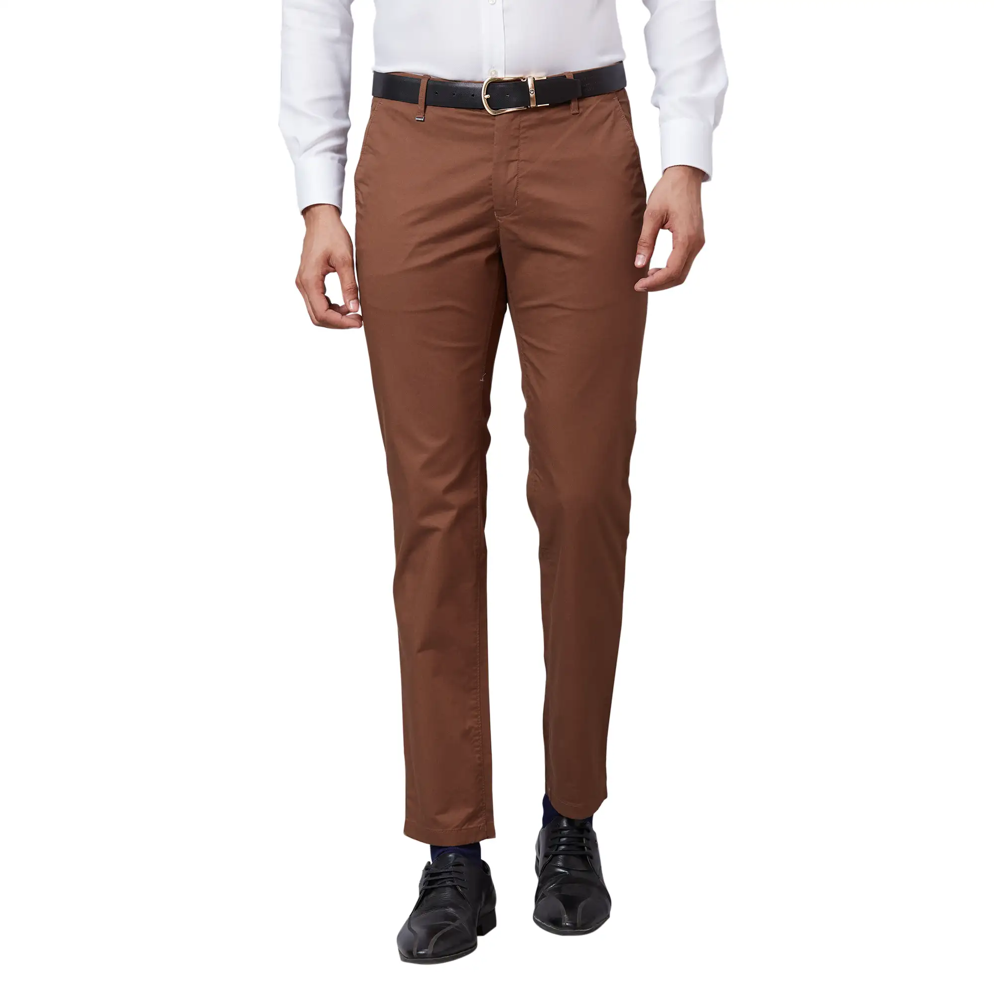 Men Brown Contemporary Fit Solid Cotton Blend Trouser