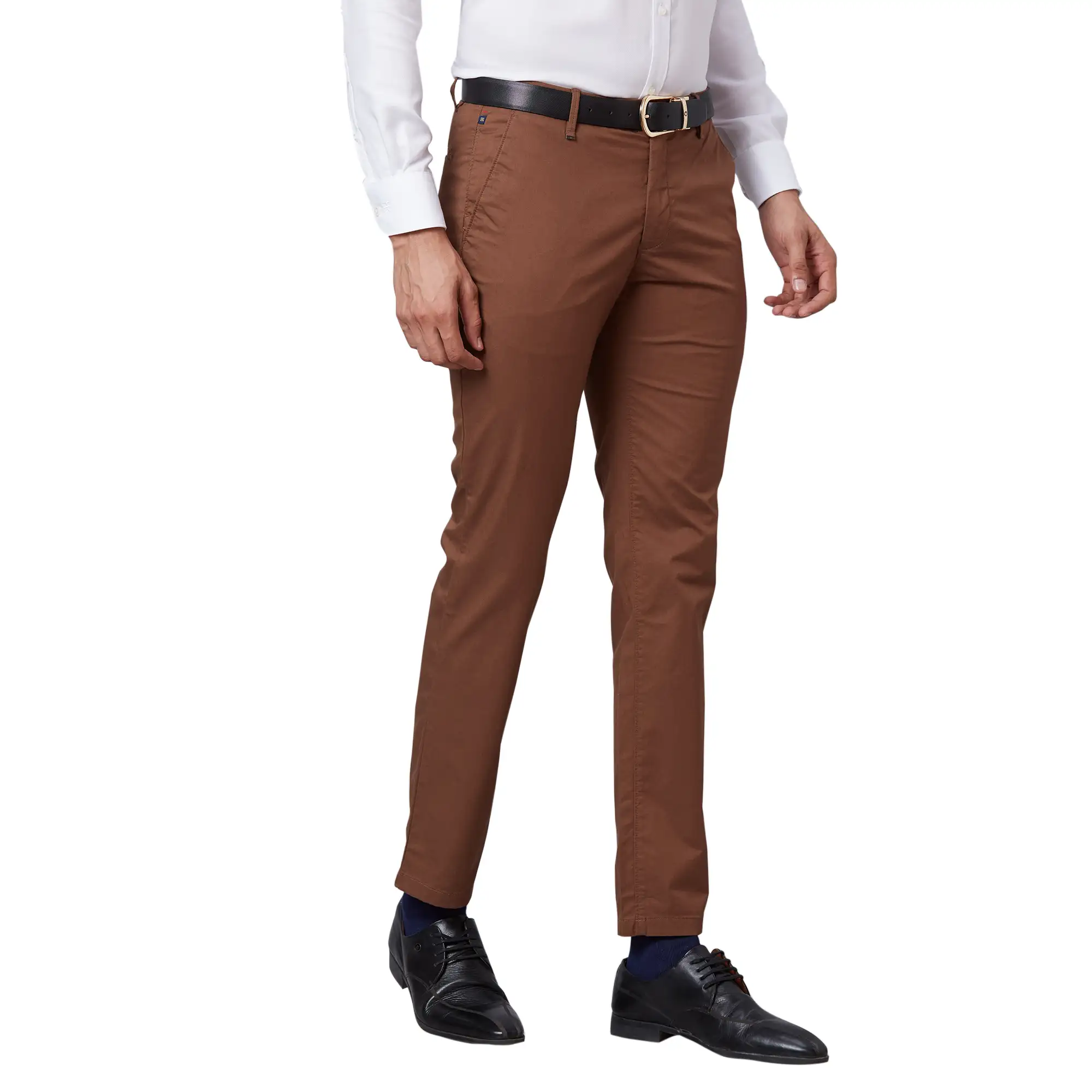 Men Brown Contemporary Fit Solid Cotton Blend Trouser - Image 2