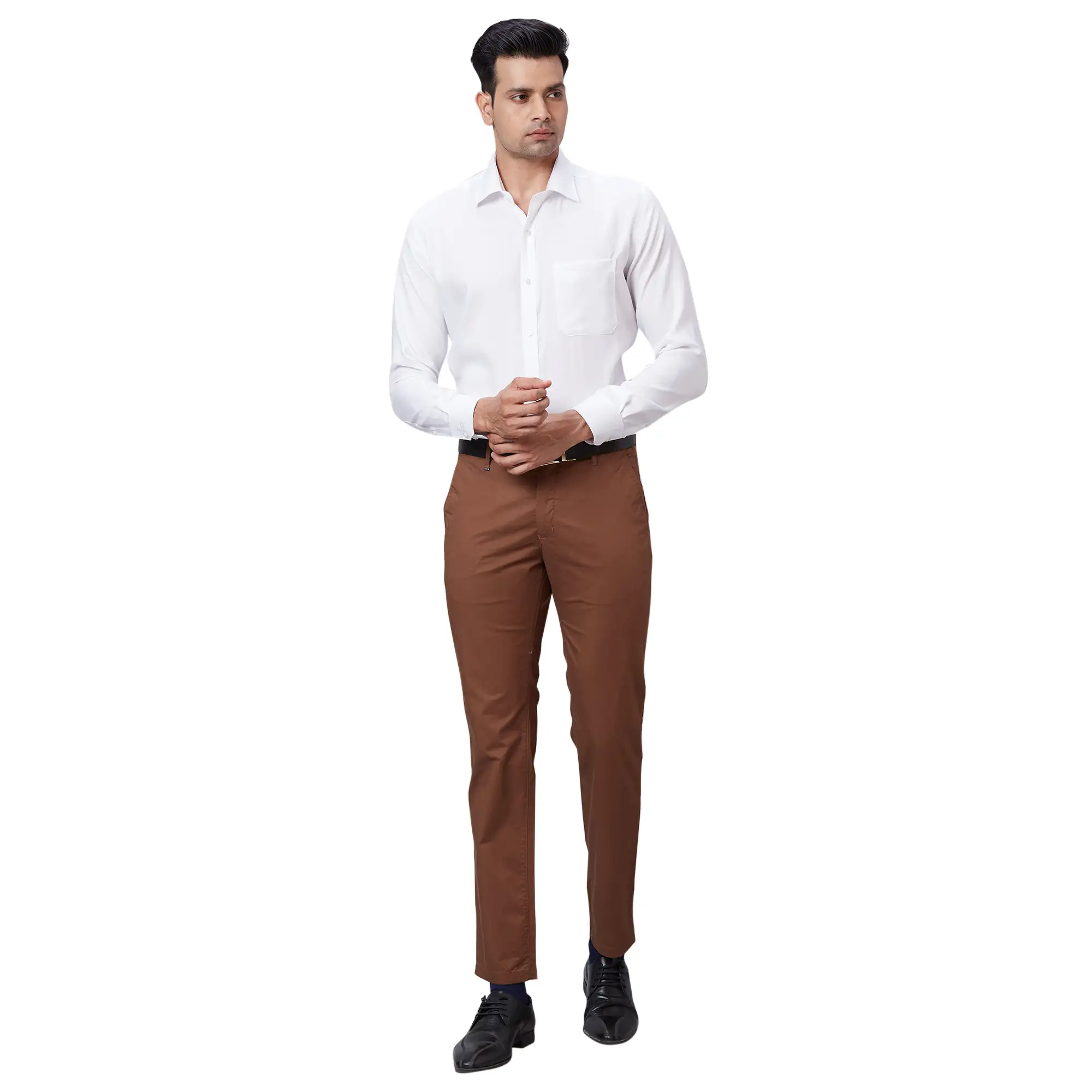 Men Brown Contemporary Fit Solid Cotton Blend Trouser - Image 5