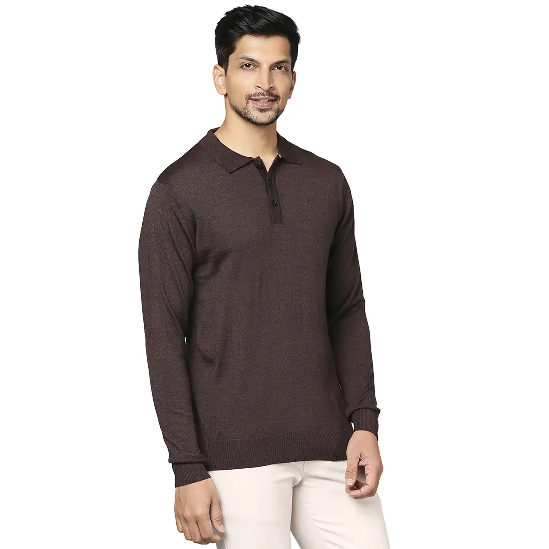 Men Brown Contemporary Fit Solid Wool Blend Round Neck Collar Sweaters - Image 2