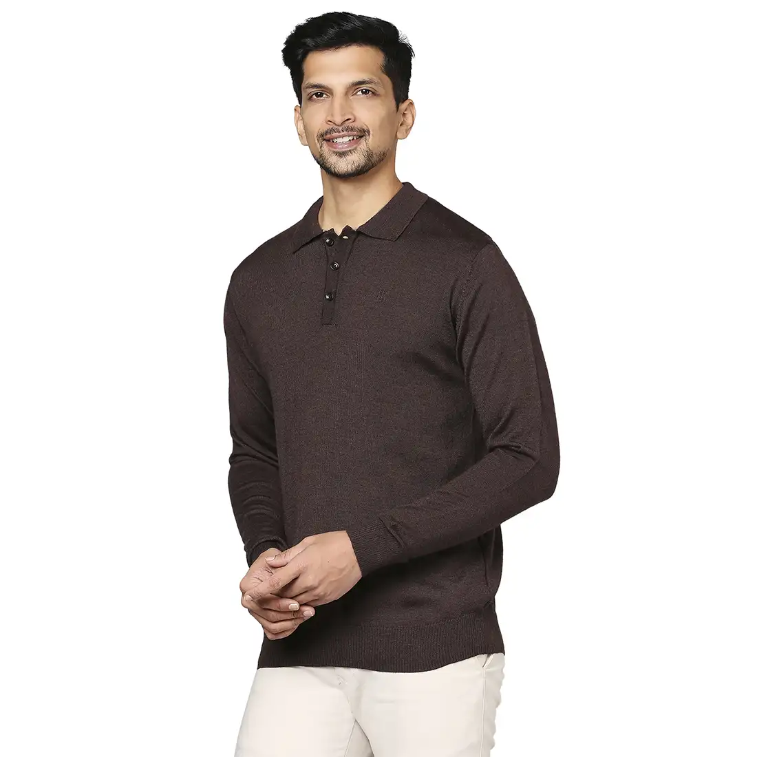 Men Brown Contemporary Fit Solid Wool Blend Round Neck Collar Sweaters - Image 3