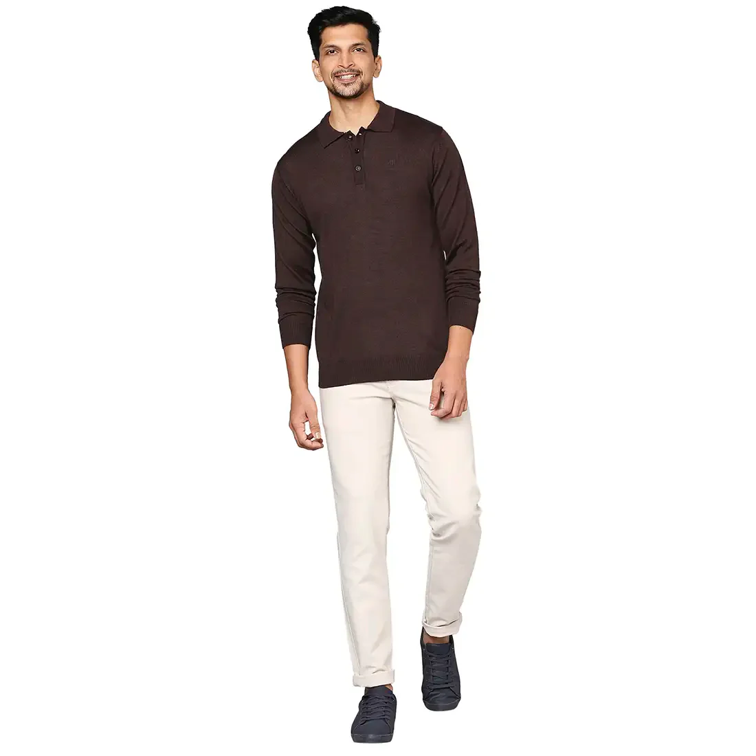 Men Brown Contemporary Fit Solid Wool Blend Round Neck Collar Sweaters - Image 5