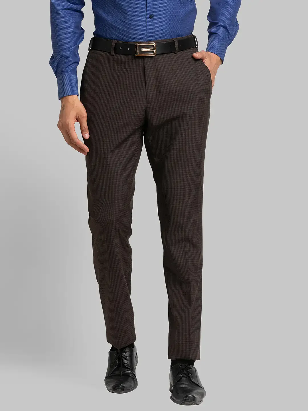 Men Brown Italian Fit Checks Polyester Blend Trouser