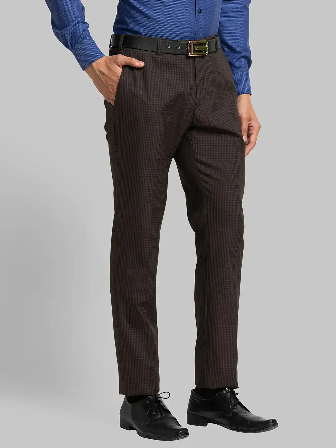 Men Brown Italian Fit Checks Polyester Blend Trouser - Image 2
