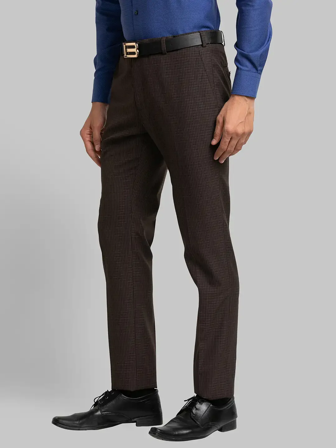 Men Brown Italian Fit Checks Polyester Blend Trouser - Image 3