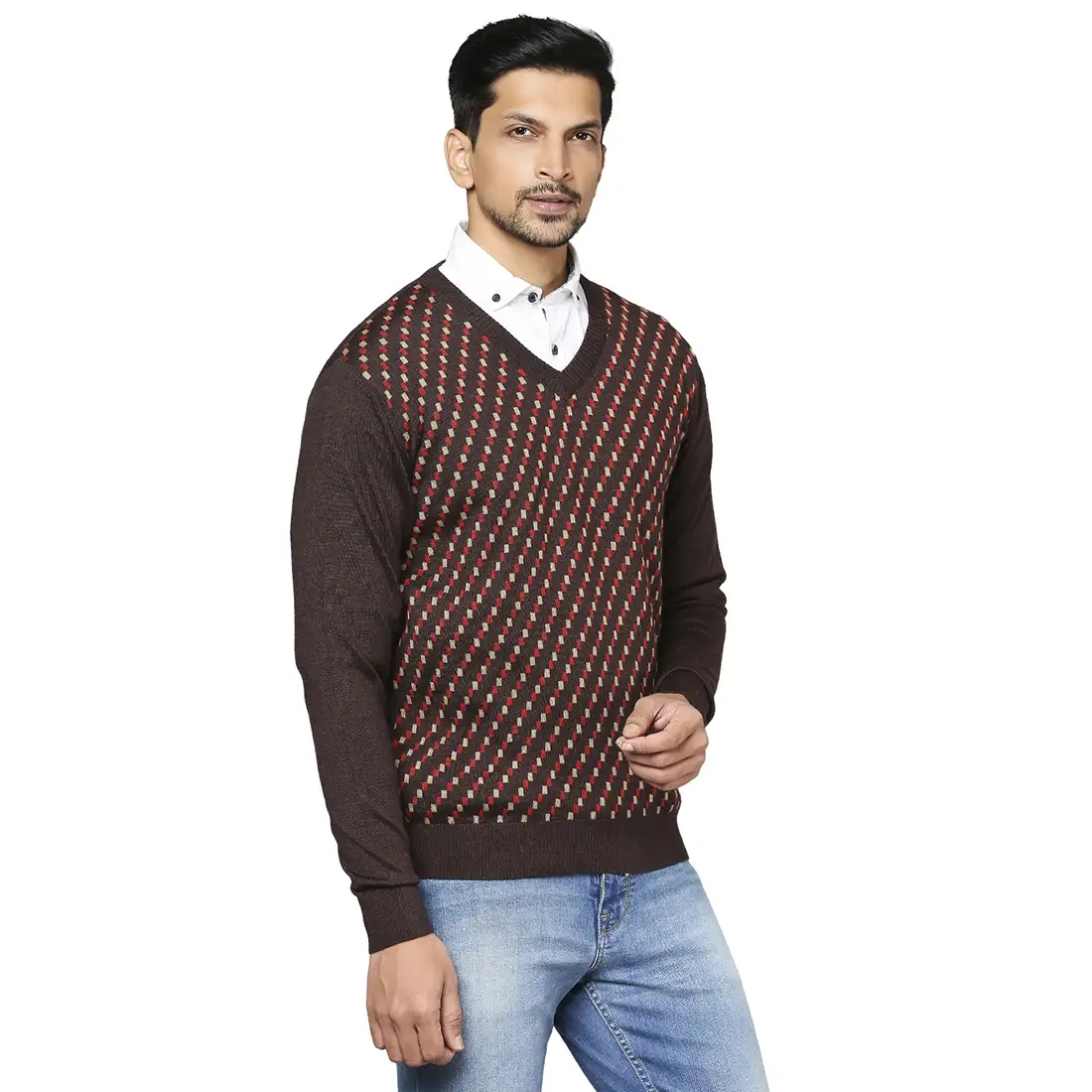 Men Brown Jacquard Wool Blend Full Sleeve V Neck Collar Sweaters - Image 2