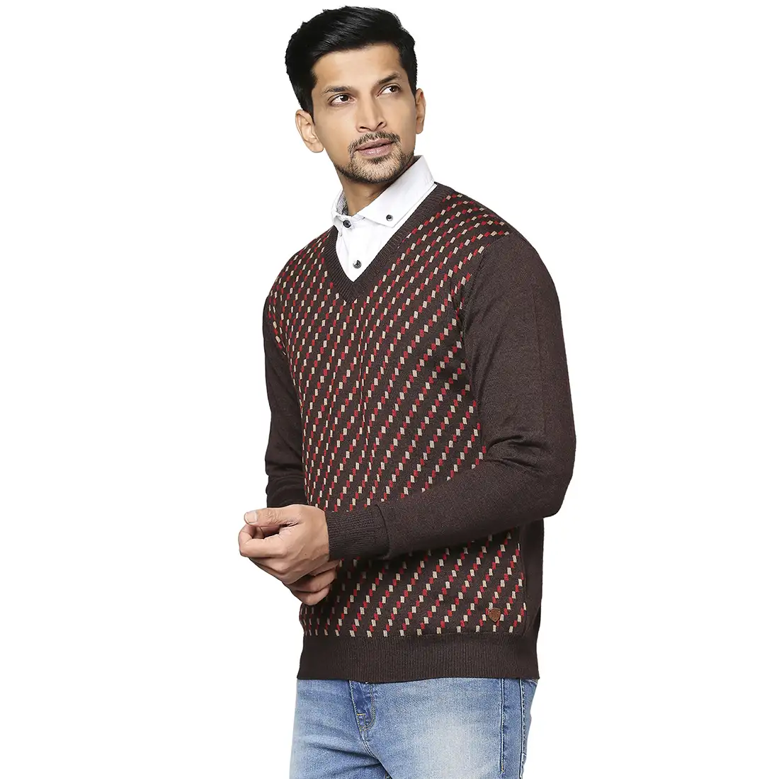 Men Brown Jacquard Wool Blend Full Sleeve V Neck Collar Sweaters - Image 3