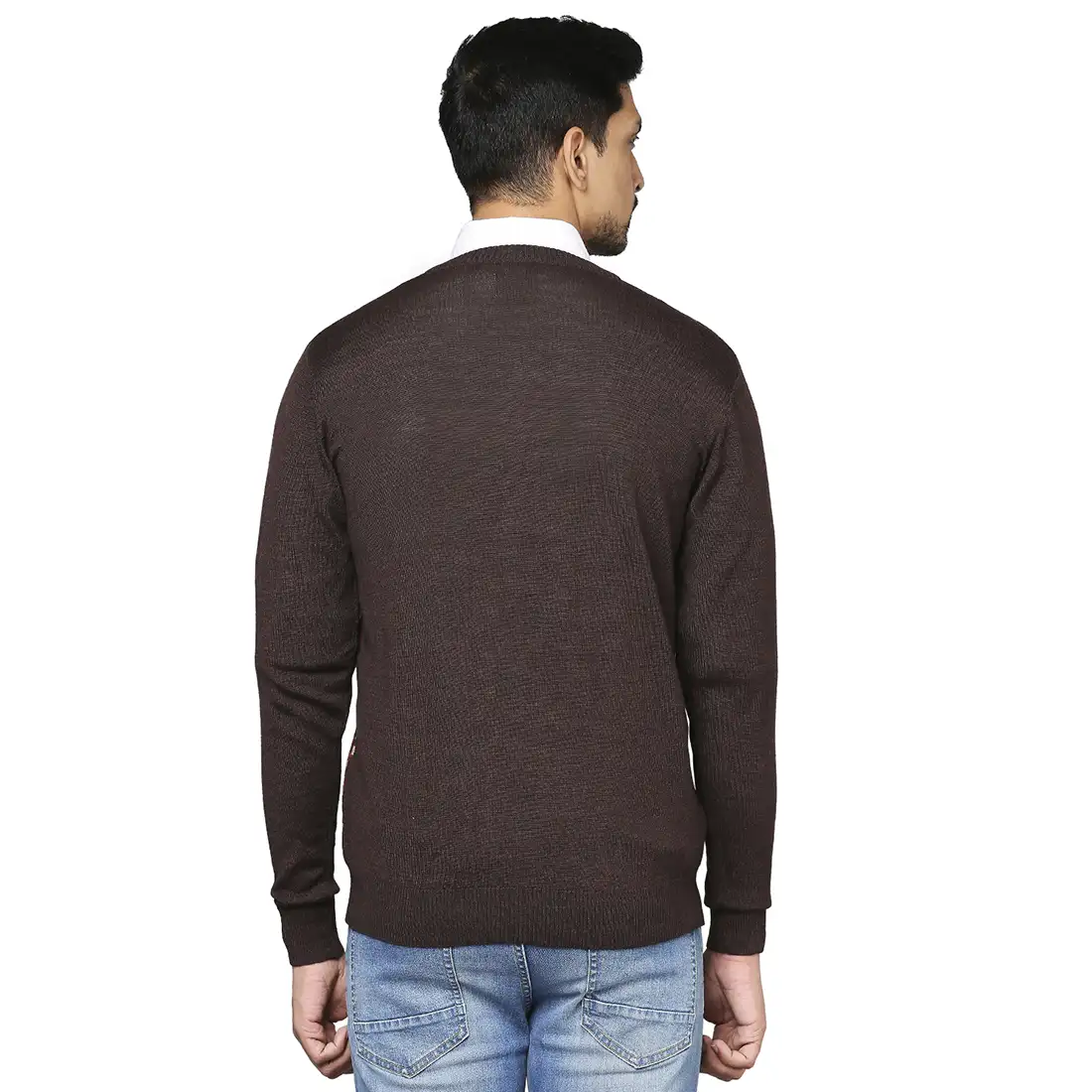 Men Brown Jacquard Wool Blend Full Sleeve V Neck Collar Sweaters - Image 4