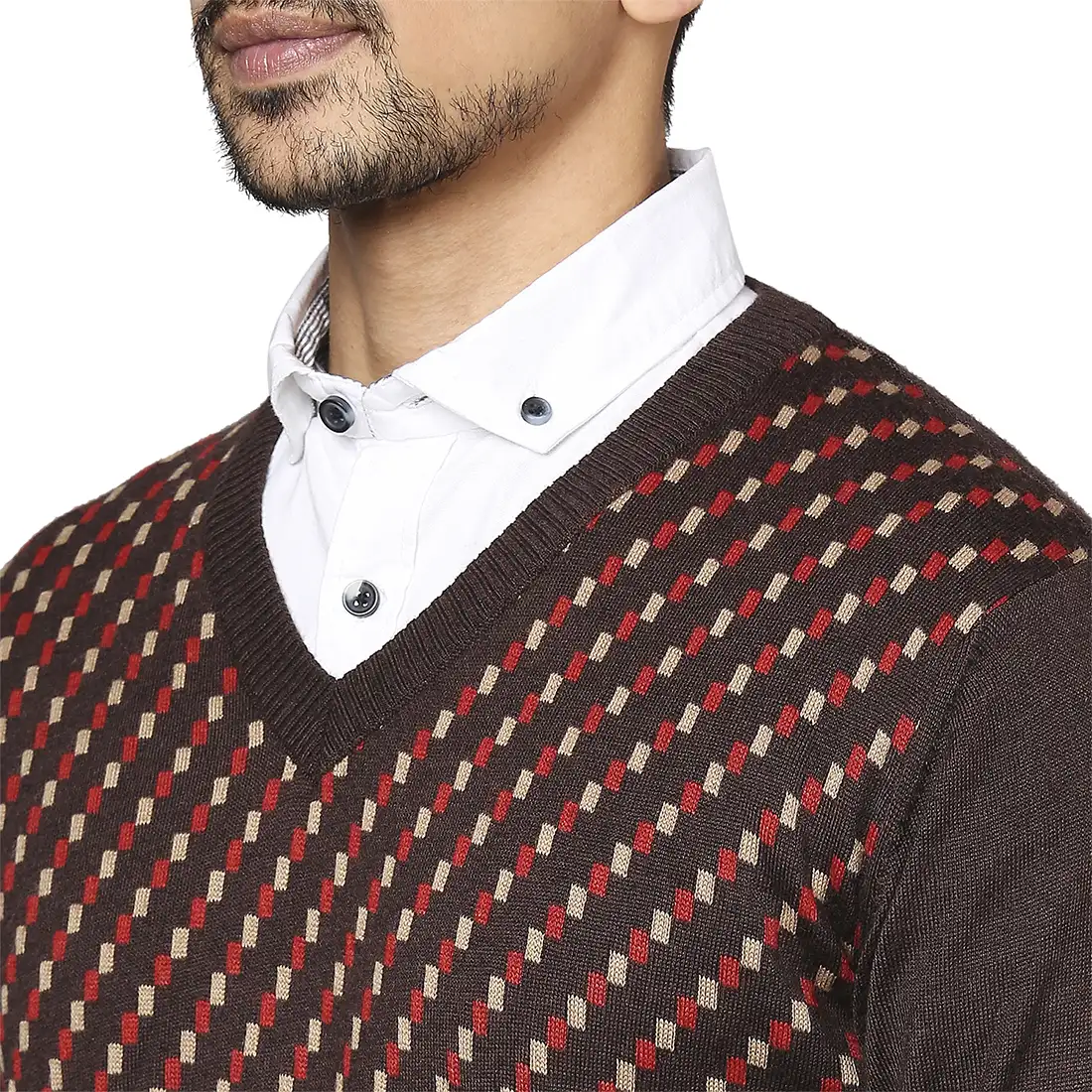 Men Brown Jacquard Wool Blend Full Sleeve V Neck Collar Sweaters - Image 6