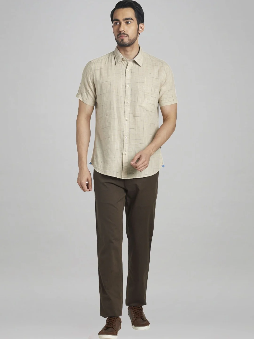 Men Brown Lrt Fit Yarn Dyed Cotton Blend Trouser - Image 5